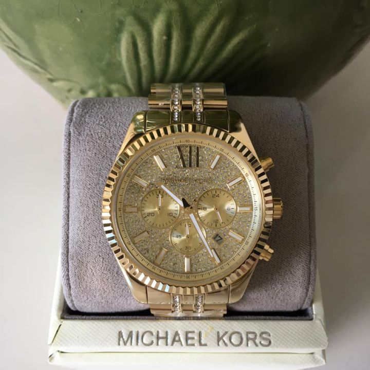 Michael Kors Lexington Chronograph Gold Dial Gold Steel Strap Watch For Men - MK8579
