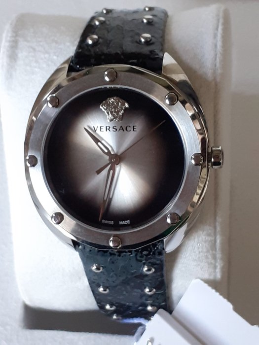 Shop Authentic Versace Shadov Quartz Silver Dial Black Snake Leather Strap Watch for Women - VEBM00118 - Luxxuri
