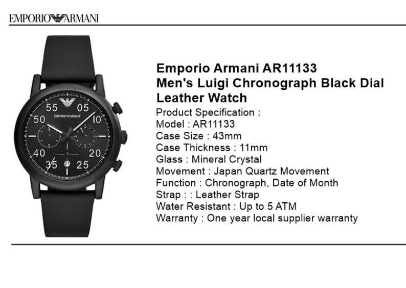  Shop Authentic Emporio Armani Luigi Chronograph Black Dial Black Leather Strap Watch For Men - AR11133 - Luxxuri