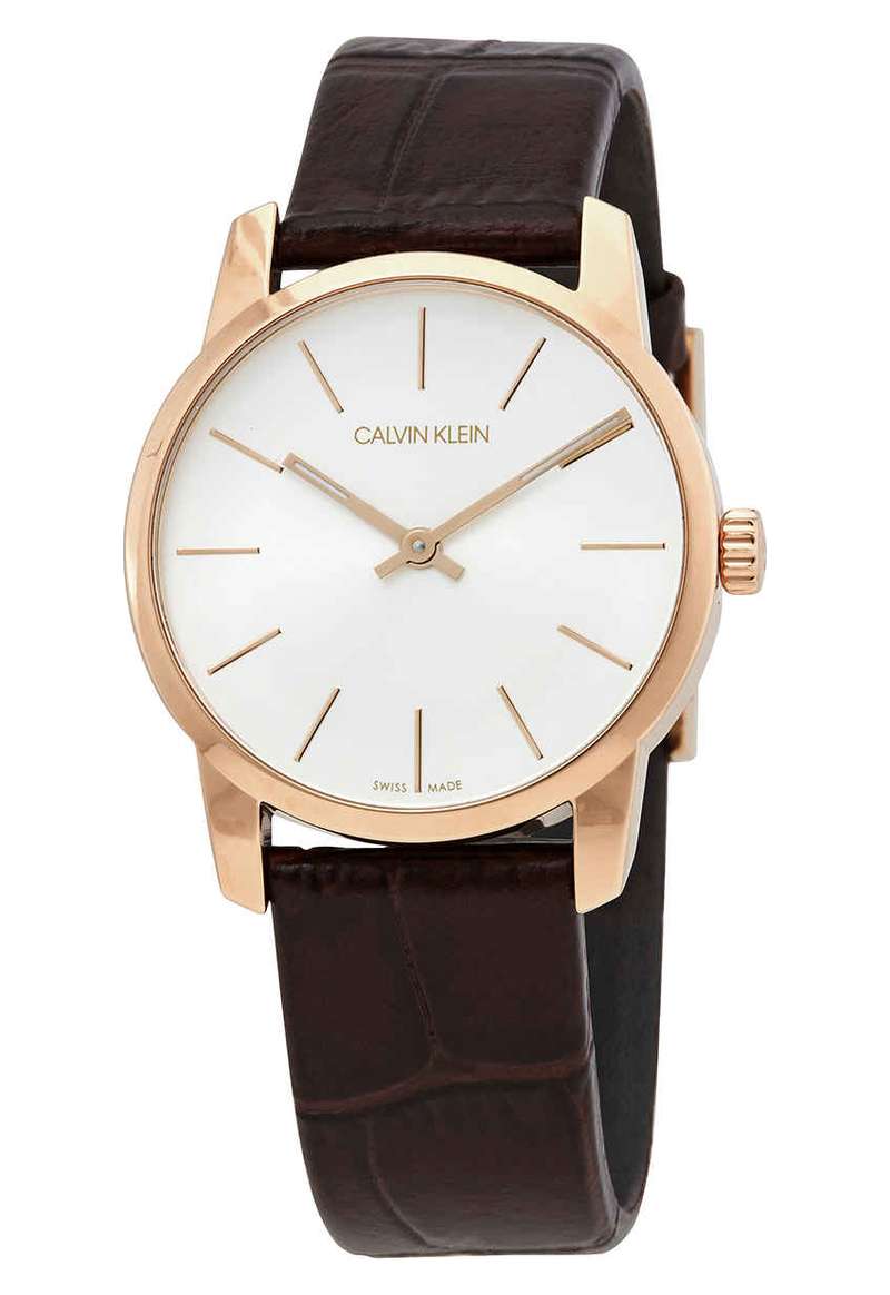  Shop Authentic Calvin Klein City White Mother of Pearl Dial Brown Leather Strap Watch for Women - K2G23620 - Luxxuri