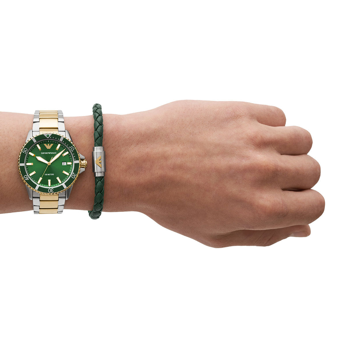  Shop Authentic Emporio Armani Diver Chronograph Green Dial Two Tone Steel Strap Watch For Men - AR80063 - Luxxuri