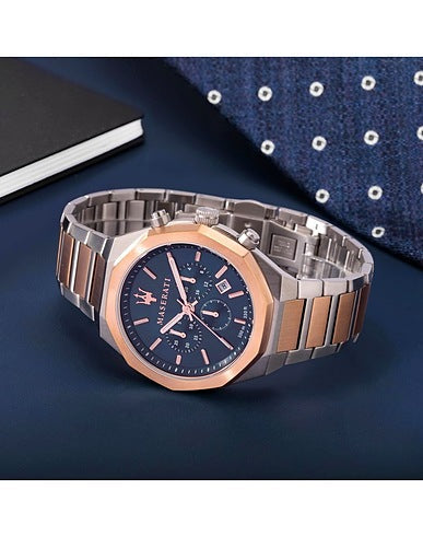  Shop Authentic Maserati Stile Chronograph Blue Dial Rose Gold Two Tone Strap Watch For Men - R8873642002 - Luxxuri
