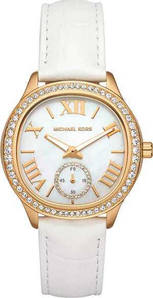  Shop Authentic Michael Kors Sage Three-Hand Mother of Pearl White Dial White Leather Strap Watch for Women - MK4818 - Luxxuri
