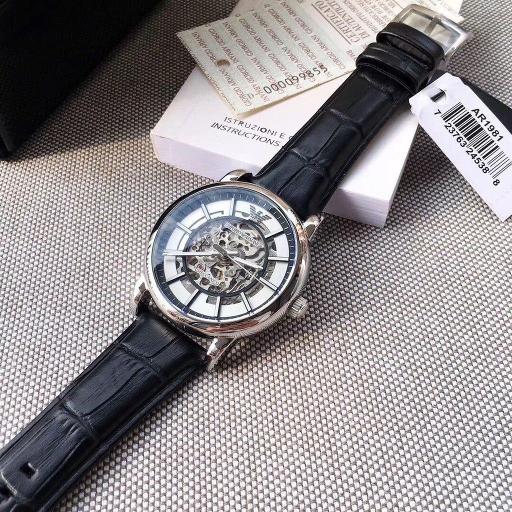  Shop Authentic Emporio Armani Luigi Silver Skeleton Dial Black Leather Strap Watch For Men - AR1981 - Luxxuri