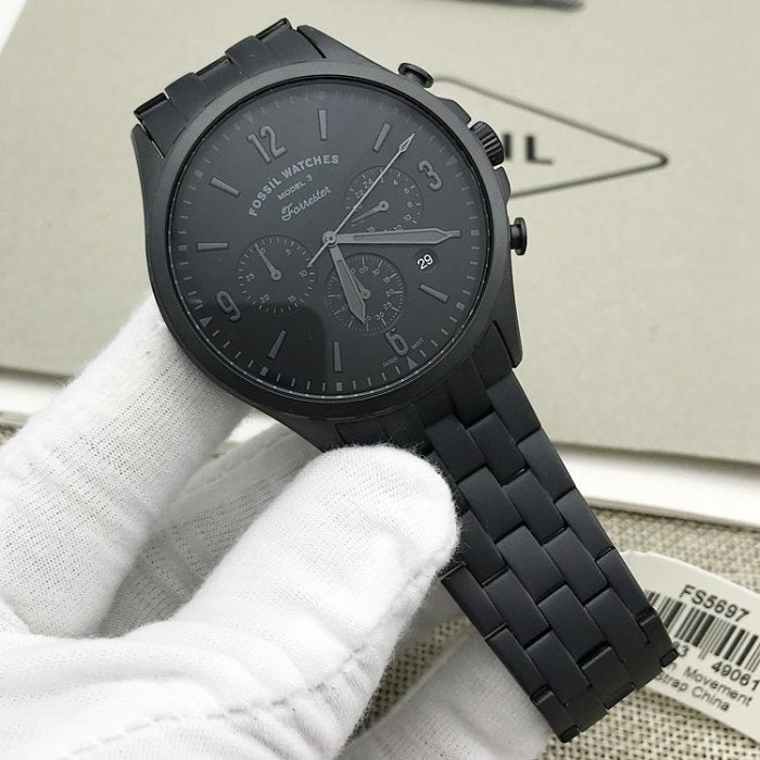  Shop Authentic Fossil Forrester Chronograph Black Dial Black Steel Strap Watch for Men - FS5697 - Luxxuri
