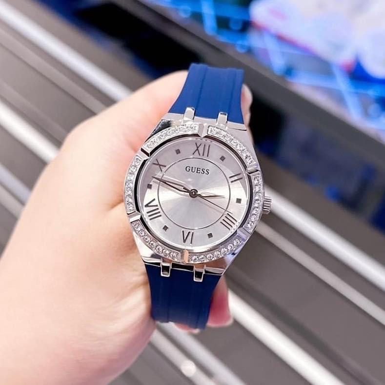 Guess Cosmo Diamonds Silver Dial Blue Rubber Strap Watch for Women - GW0034L5