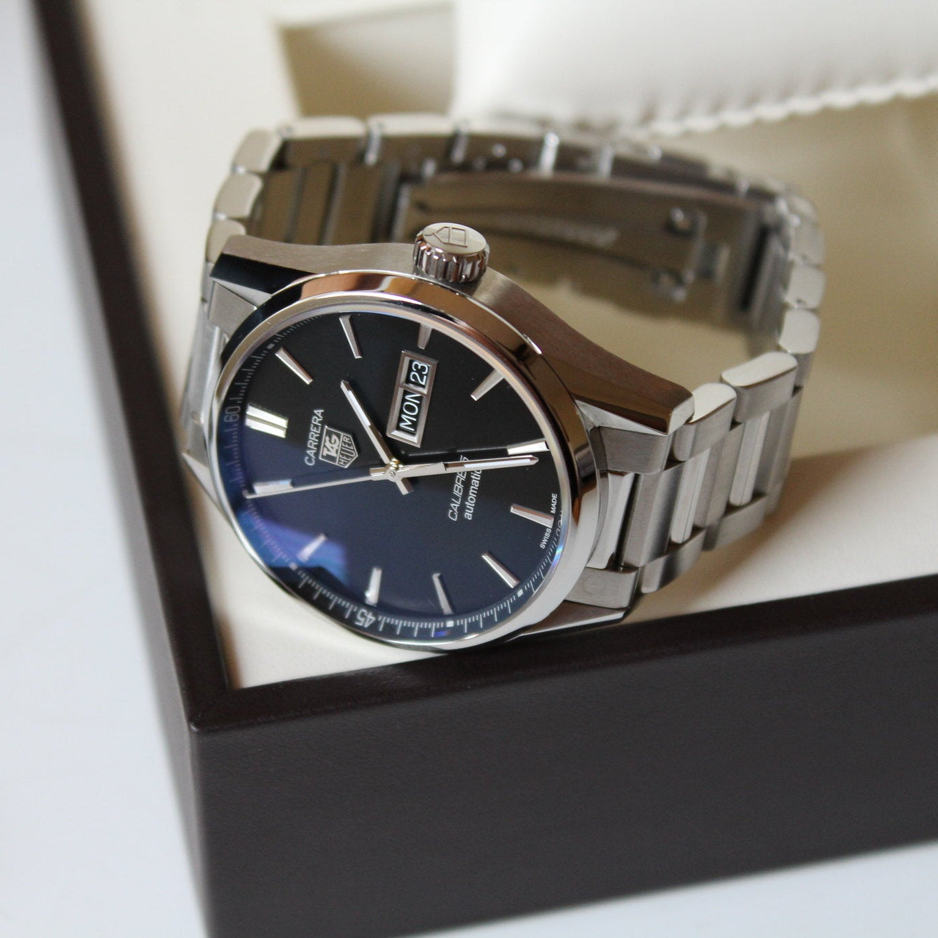 Tag Heuer Carrera Calibre 5 Automatic Black Dial Silver Steel Strap Watch for Men - WAR201A.BA0723