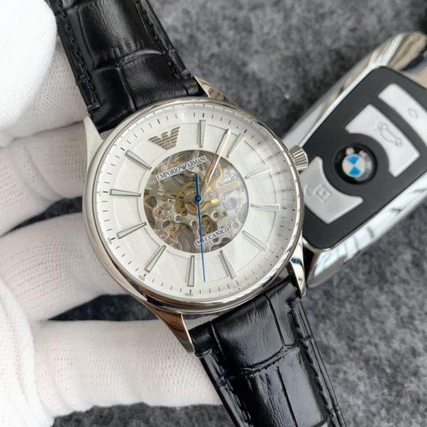  Shop Authentic Emporio Armani Meccanico Silver Skeleton Dial Black Leather Strap Watch For Men - AR2072 - Luxxuri