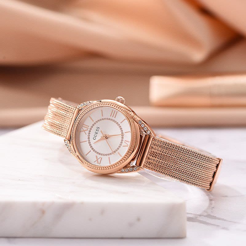  Shop Authentic Guess Whisper Silver Dial Rose Gold Mesh Bracelet Watch for Women - W1084L3 - Luxxuri
