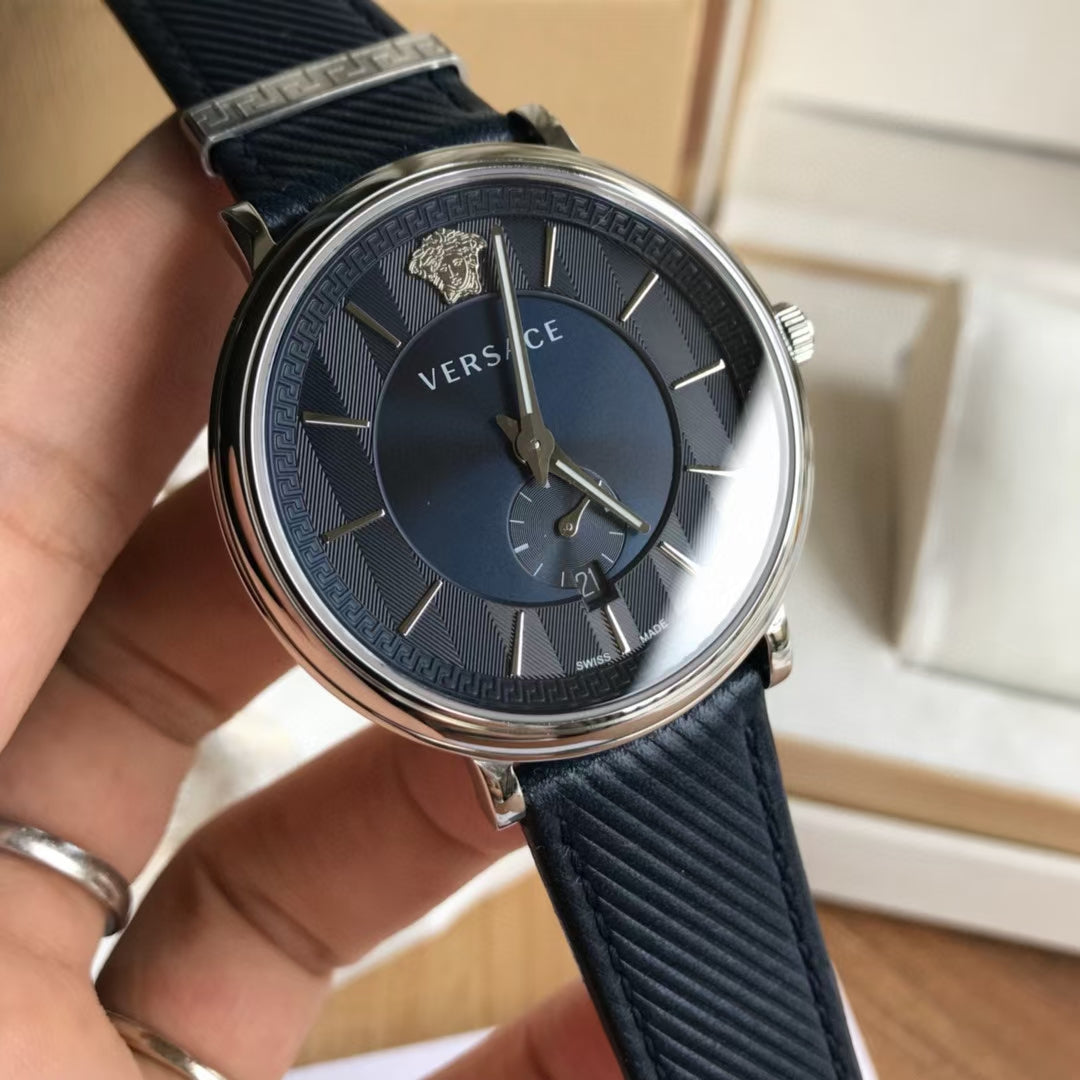 Versace Manifesto Quartz Blue Dial Blue Leather Strap Watch For Men - VBQ01017