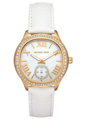  Shop Authentic Michael Kors Sage Three-Hand Mother of Pearl White Dial White Leather Strap Watch for Women - MK4818 - Luxxuri