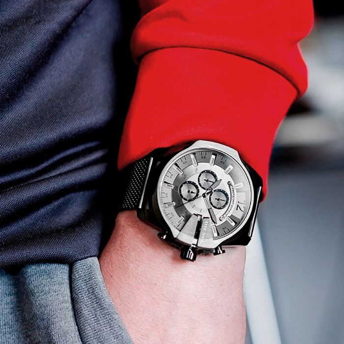 Diesel Mega Chief Chronograph Black Dial Black Steel Strap Watch For Men - DZ4527