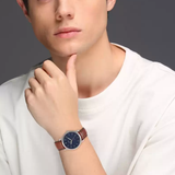  Shop Authentic Fossil Minimalist Blue Dial Brown Leather Strap Watch for Men - FS5304 - Luxxuri