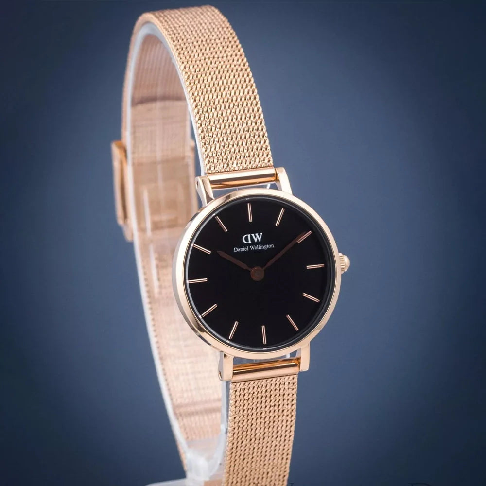  Shop Authentic Daniel Wellington Petite Pressed Melrose Black Dial Rose Gold Mesh Strap Watch For Women - DW00100440 - Luxxuri