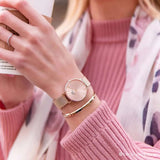  Shop Authentic Daniel Wellington Petite Melrose Pink Dial Rose Gold Mesh Strap Watch For Women - DW00100368 - Luxxuri