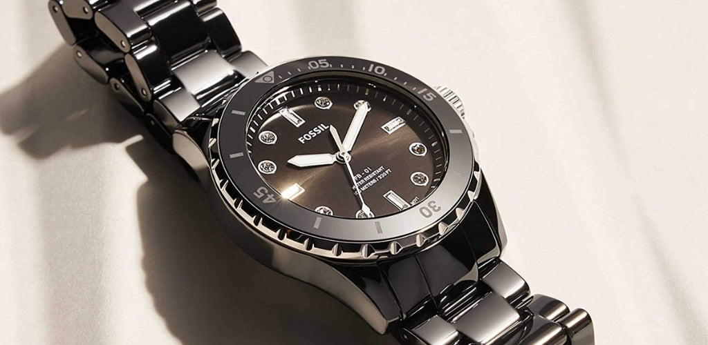  Shop Authentic Fossil FB-01 Three-Hand Black Dial Black Ceramic Strap Watch for Women - CE1108 - Luxxuri