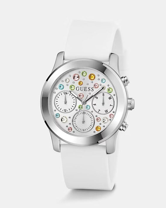  Shop Authentic Guess Wanderlust Crystals Silver Dial White Rubber Strap Watch for Women - W1059L1 - Luxxuri