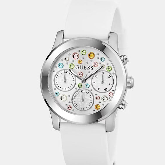  Shop Authentic Guess Wanderlust Crystals Silver Dial White Rubber Strap Watch For Women - W1059L3 - Luxxuri