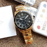  Shop Authentic Fossil Inscription Automatic Black Dial Gold Steel Strap Watch for Men - FS5267 - Luxxuri