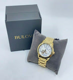  Shop Authentic Bulova BVA Skeleton Silver Dial Gold Steel Strap Watch for Men - 97A108 - Luxxuri