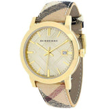  Shop Authentic Burberry The City Gold Dial Haymarket Brown Leather Strap Watch for Women - BU9026 - Luxxuri