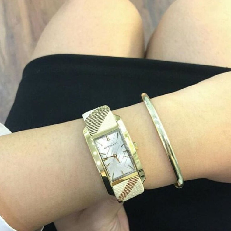 Burberry Pioneer Gold Dial Haymarket Leather Watch for Women - BU9509