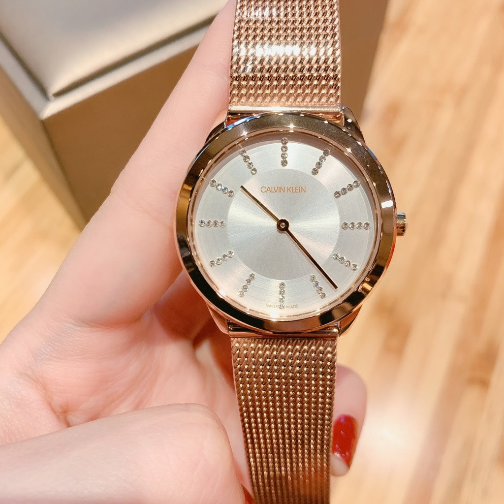  Shop Authentic Calvin Klein Minimal White Dial Rose Gold Mesh Bracelet Watch for Women - K3M22Y2X - Luxxuri
