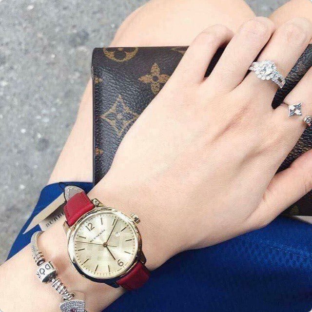  Shop Authentic Burberry The Classic Gold Dial Red Leather Strap Watch for Women - BU10102 - Luxxuri