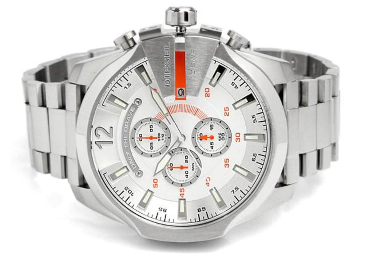 Diesel Mega Chief Quartz Chronograph White Dial Steel Strap Watch For Men - DZ4328