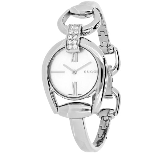  Shop Authentic Gucci Horsebit Collection Diamonds Mother of Pearl White Dial Silver Steel Strap Watch For Women - YA139504 - Luxxuri