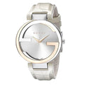  Shop Authentic Gucci Interlocking 18K Gold Silver Dial White Leather Strap Watch For Women - YA133303 - Luxxuri