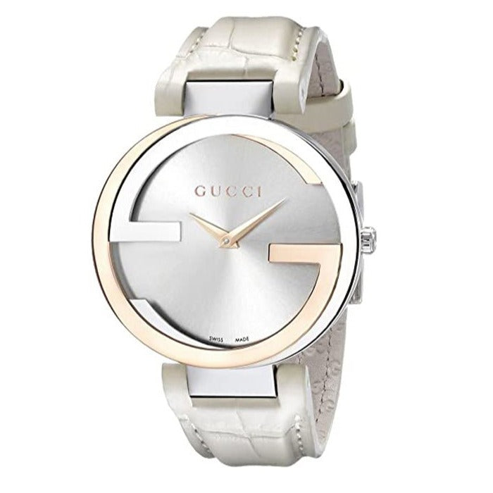  Shop Authentic Gucci Interlocking 18K Gold Silver Dial White Leather Strap Watch For Women - YA133303 - Luxxuri