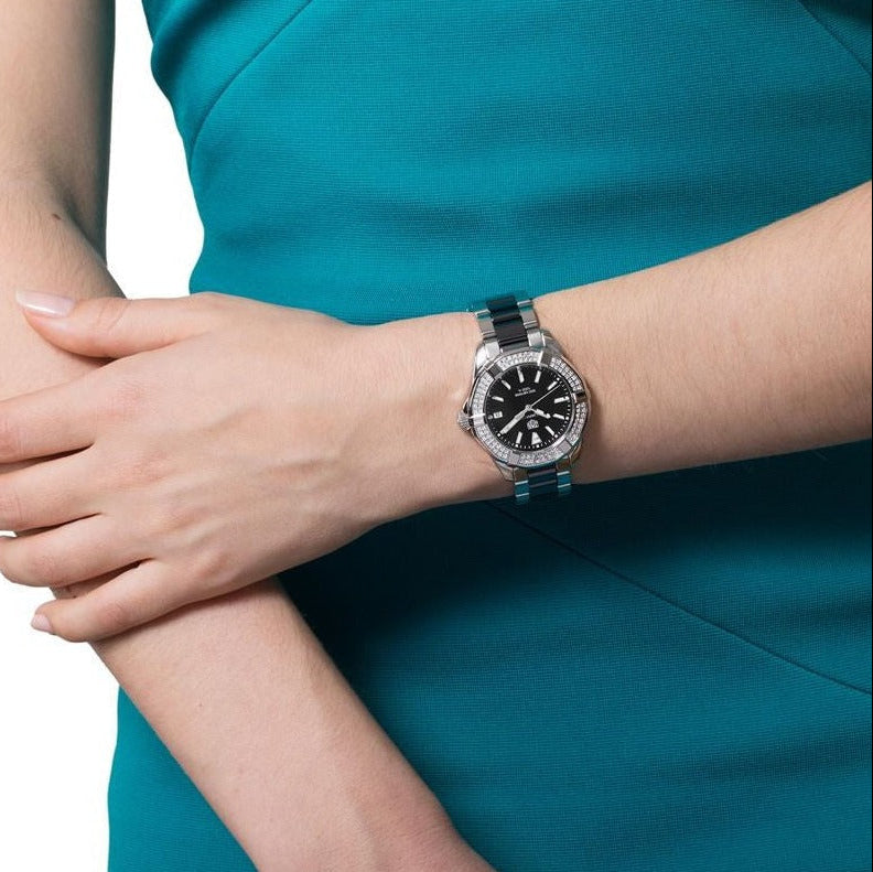 Tag Heuer Aquaracer Quartz Diamonds Black Dial Two Tone Steel Strap Watch for Women - WAY131G.BA0913