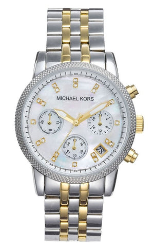  Shop Authentic Michael Kors Ritz Chronograph White Dial Two Tone Steel Strap Watch for Women - MK5057 - Luxxuri