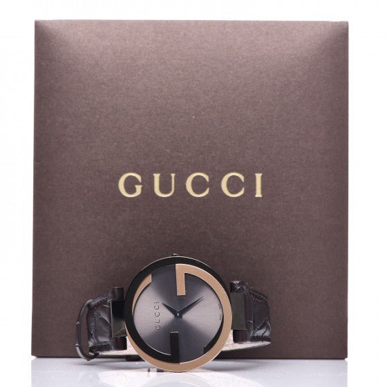  Shop Authentic Gucci Interlocking G 18K Gold Black Dial Brown Leather Strap Watch For Women - YA133304 - Luxxuri