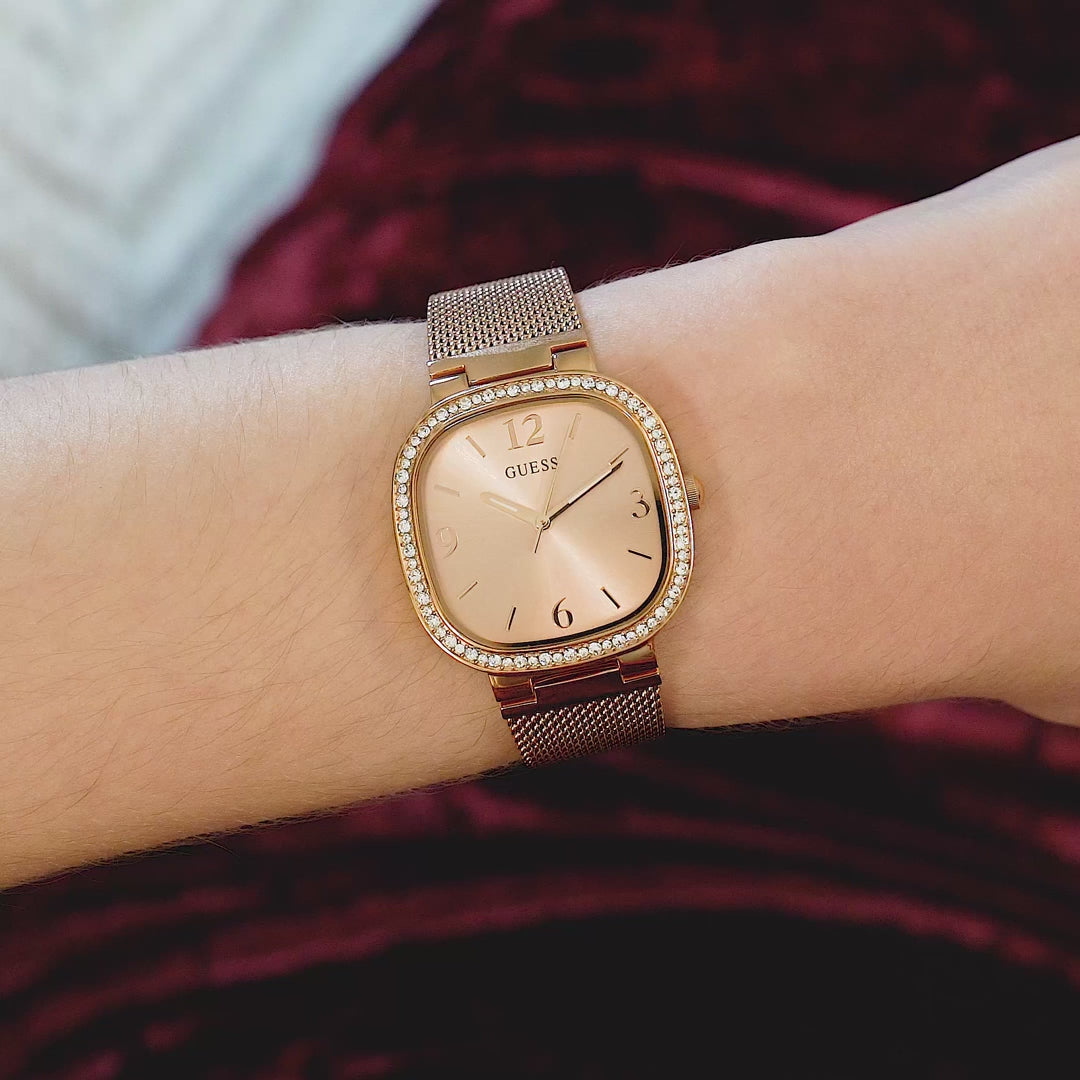  Shop Authentic Guess Tapestry Diamonds Rose Gold Dial Rose Gold Mesh Bracelet Watch for Women - GW0354L3 - Luxxuri