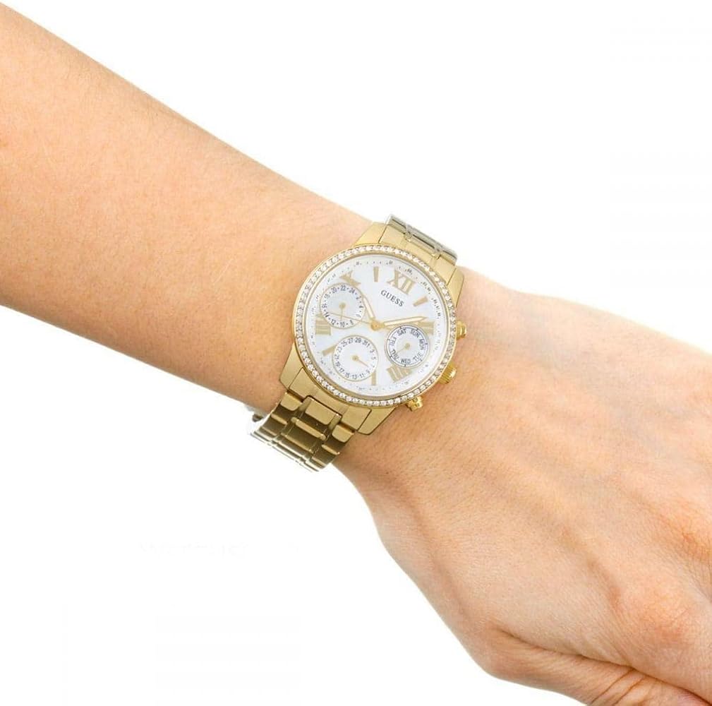  Shop Authentic Guess Mini Sunrise Diamonds Silver Dial Gold Steel Strap Watch for Women - W0623L3 - Luxxuri