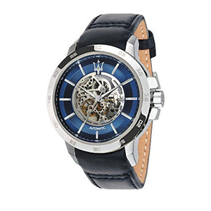  Shop Authentic Maserati Ingegno Automatic Blue Skeleton Dial Black Leather Strap Watch For Men - R8821119004 - Luxxuri