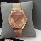  Shop Authentic Guess Tri Glitz Quartz Diamonds Rose Gold Dial Rose Gold Mesh Bracelet Watch For Women - W1142L4 - Luxxuri