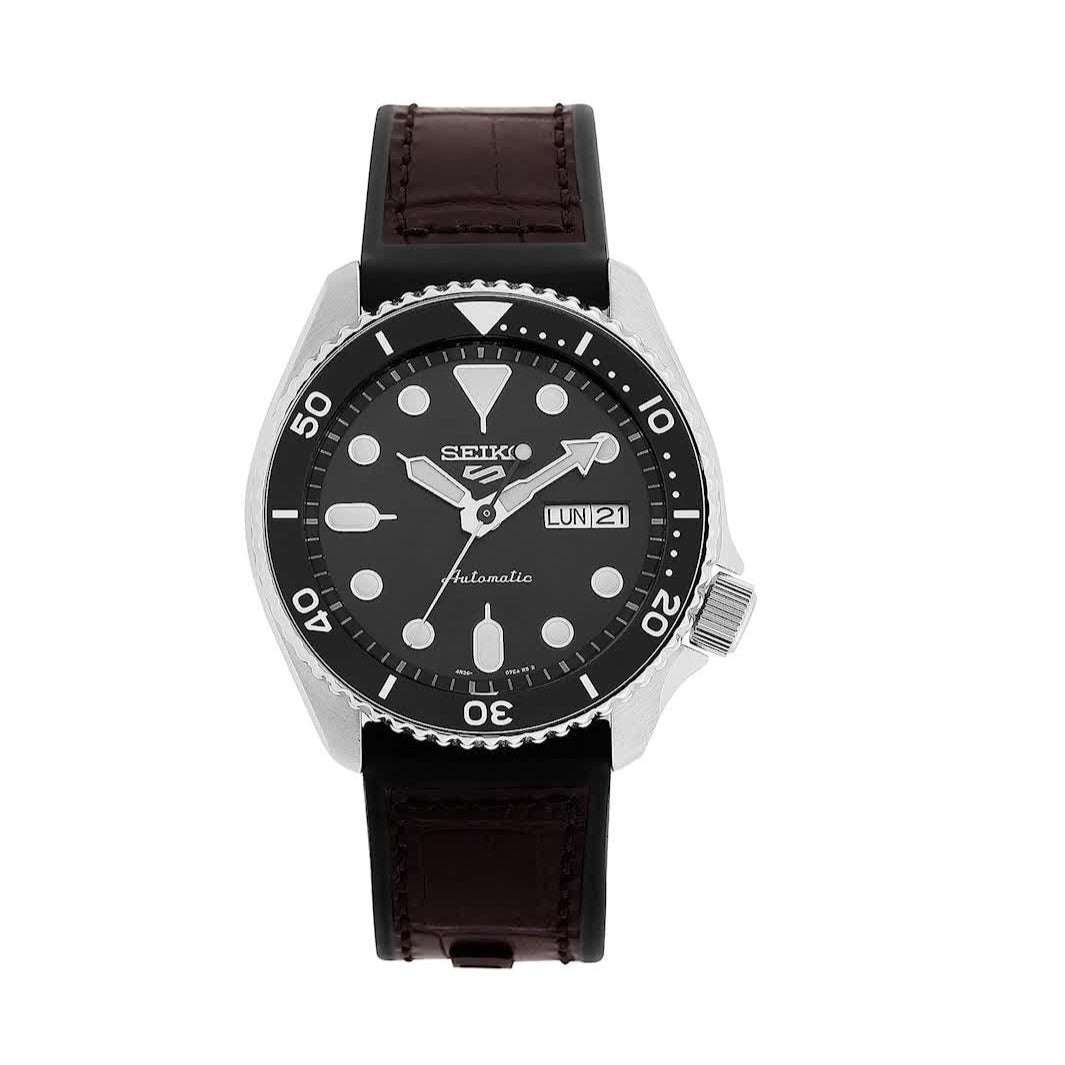 Seiko 5 Sports SKX Automatic Black Dial Black Leather Strap Watch for Men - SRPD55K2