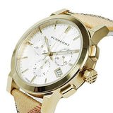  Shop Authentic Burberry The City White Dial Haymarket Beige Leather Strap Watch for Women - BU9752 - Luxxuri
