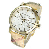  Shop Authentic Burberry The City White Dial Haymarket Beige Leather Strap Watch for Women - BU9752 - Luxxuri