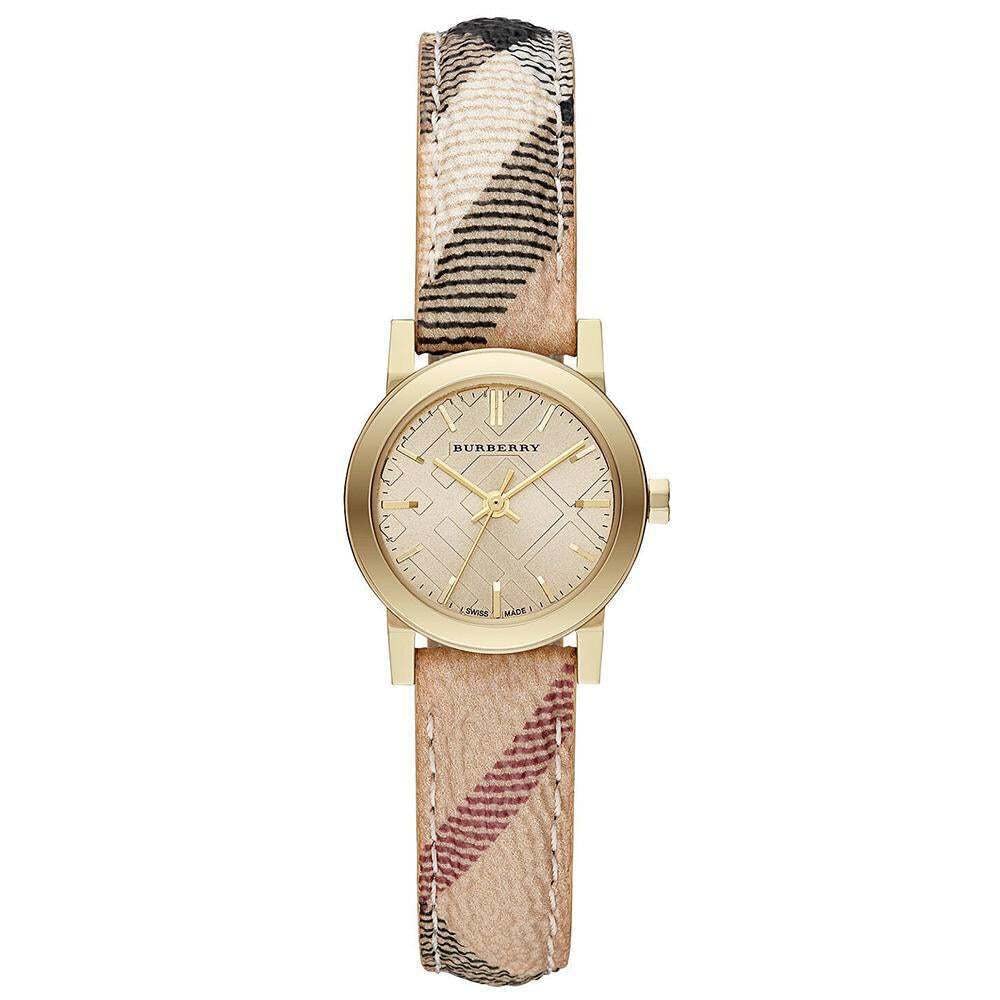  Shop Authentic Burberry The City Gold Dial Haymarket Brown Leather Strap Watch for Women - BU9219 - Luxxuri