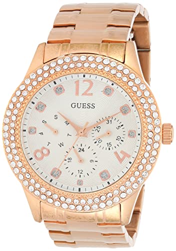  Shop Authentic Guess Bedazzle Diamonds Silver Dial Rose Gold Steel Strap Watch For Women - W1097L3 - Luxxuri