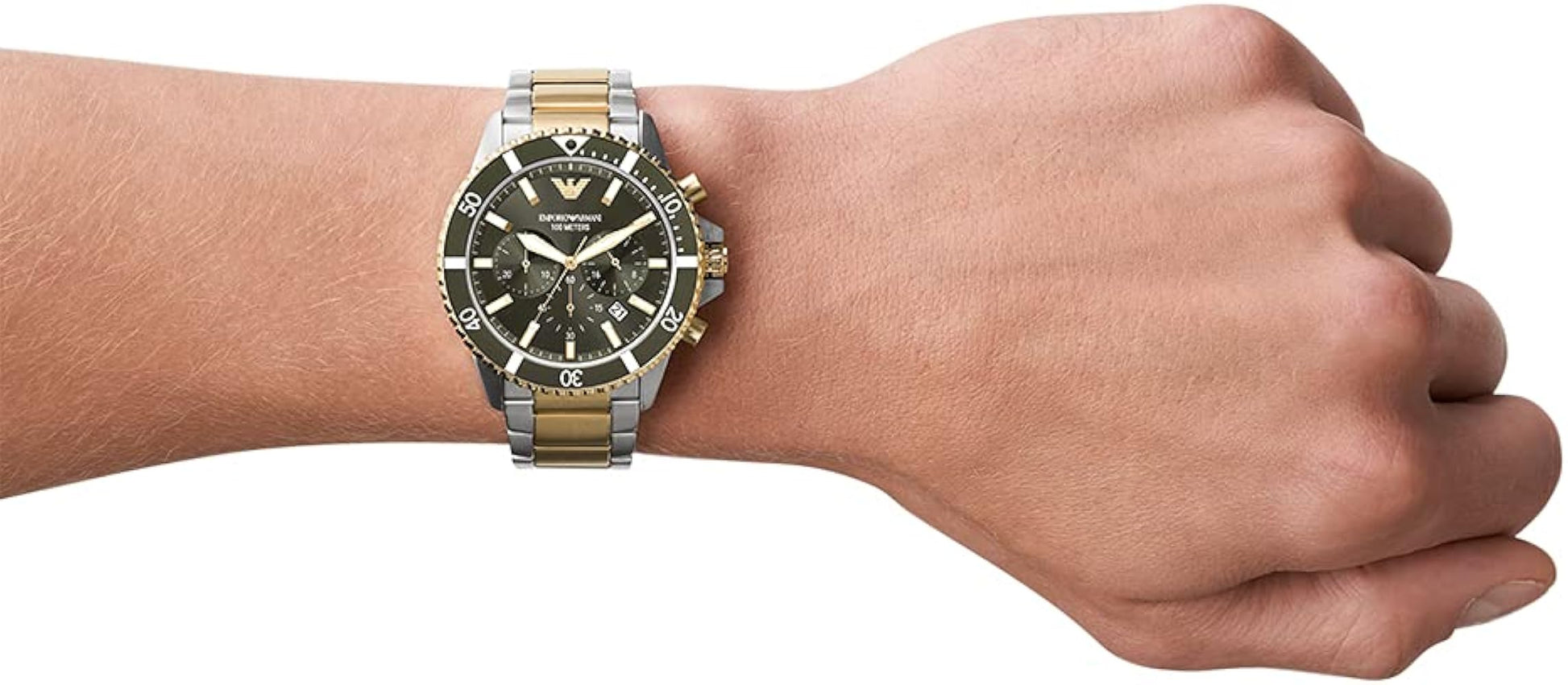  Shop Authentic Emporio Armani Diver Chronograph Green Dial Two Tone Steel Strap Watch For Men - AR11361 - Luxxuri