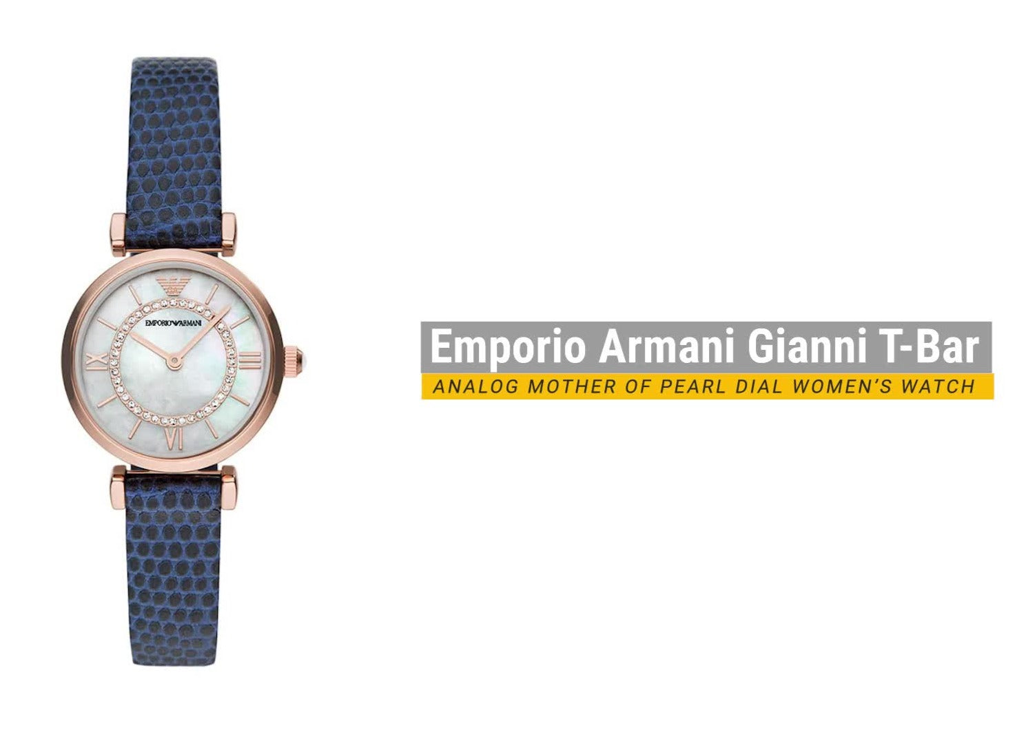  Shop Authentic Emporio Armani Gianni T-Bar Analog Mother of Pearl Dial Blue Leather Strap Watch For Women - AR11468 - Luxxuri