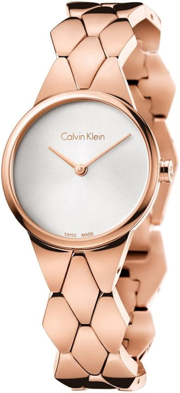  Shop Authentic Calvin Klein Snake Silver Dial Rose Gold Steel Strap Watch For Women - K6E23646 - Luxxuri