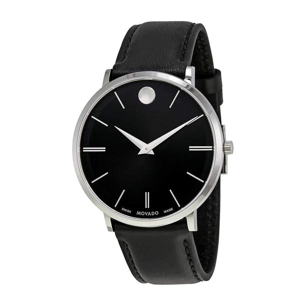  Shop Authentic Movado Ultra Slim Black Dial Black Leather Strap Watch For Men - 0607086 - Luxxuri