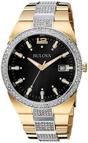  Shop Authentic Bulova Crystal Black Dial Two Tone Steel Strap Watch for Men - 98B235 - Luxxuri
