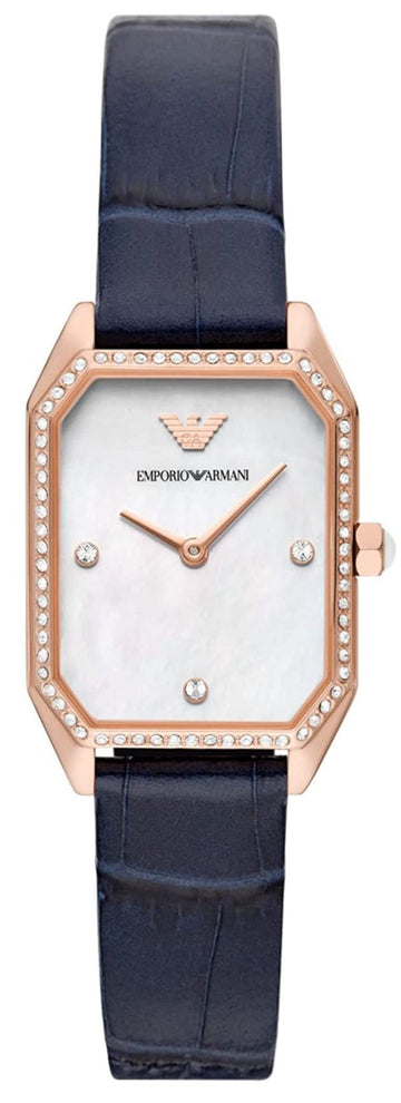  Shop Authentic Emporio Armani Gianni T Bar Quartz Mother of Pearl Dial Blue Leather Strap Watch For Women - AR11466 - Luxxuri